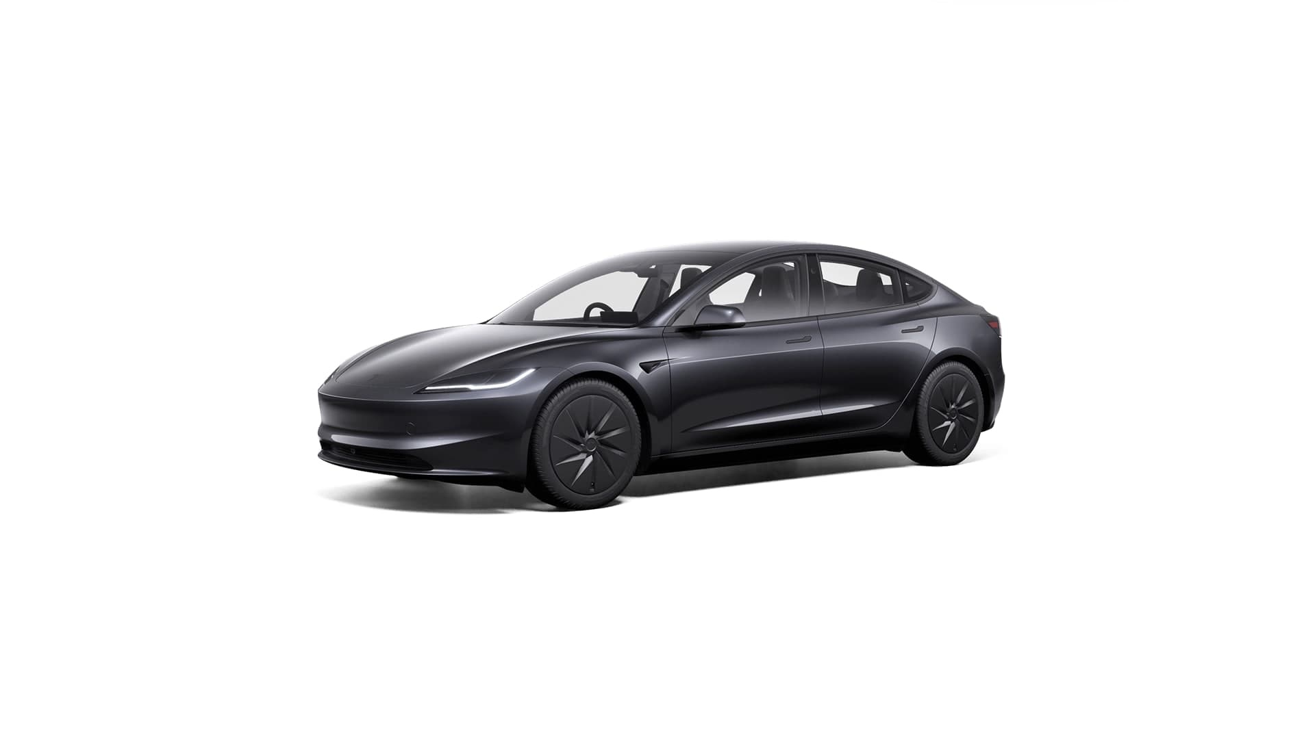 Tesla Model 3 warna Stealth Grey, pandangan hadapan tiga suku
