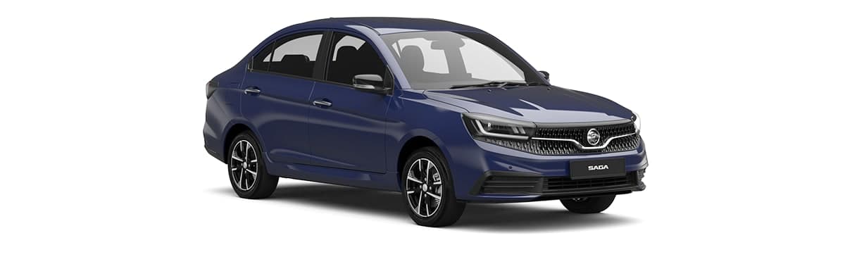 Proton Saga warna Marine Blue, pandangan hadapan tiga suku