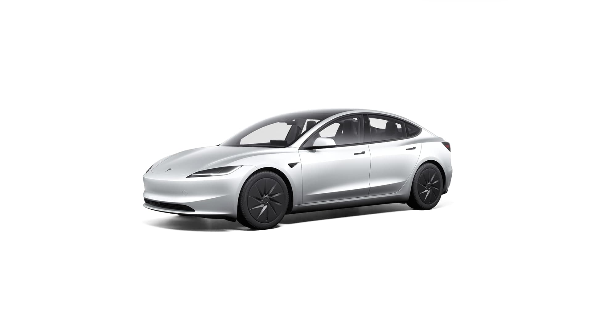 Tesla Model 3 warna Pearl White Multi-Coat, pandangan hadapan tiga suku