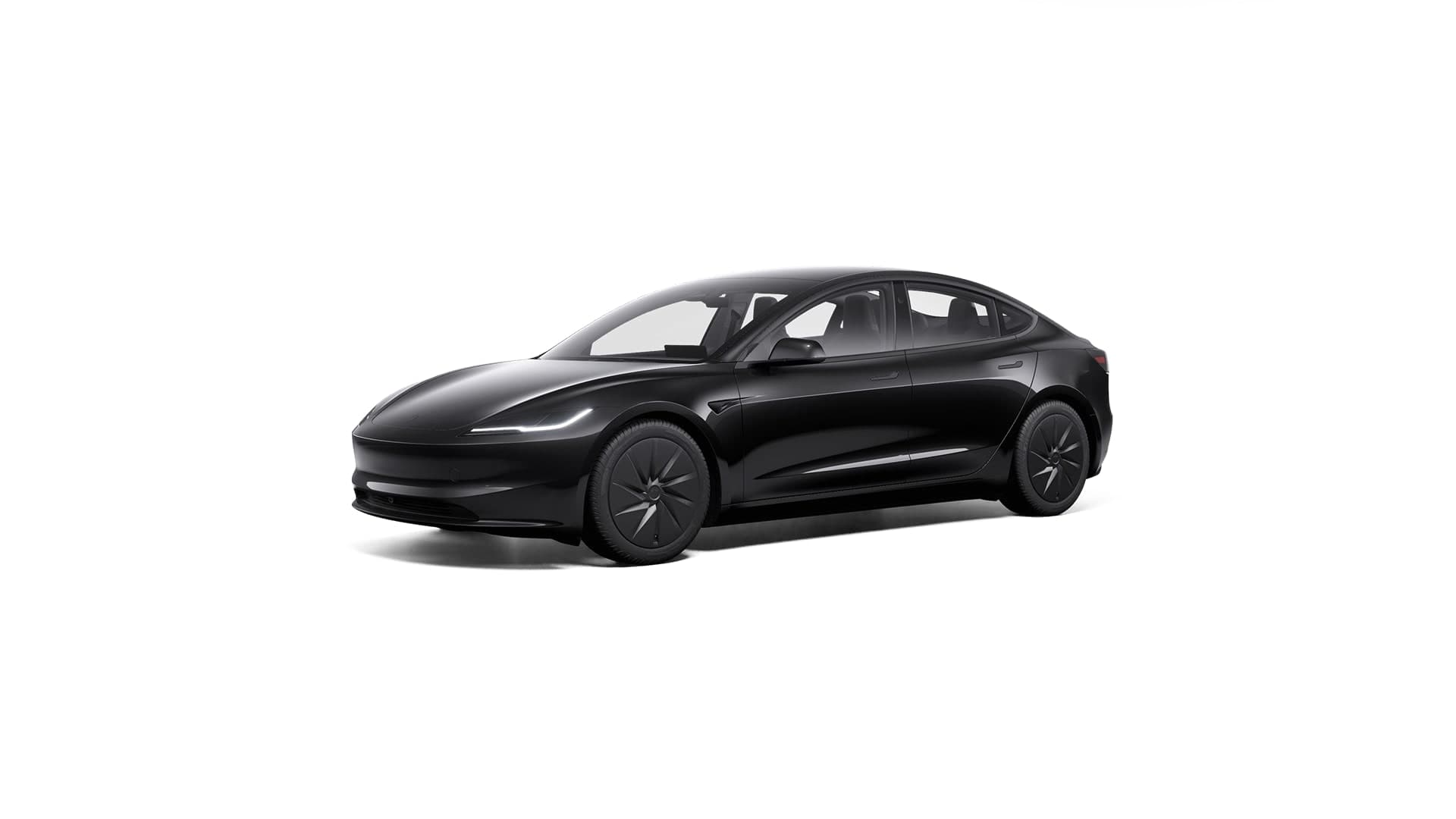 Tesla Model 3 warna Diamond Black, pandangan hadapan tiga suku