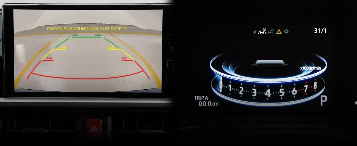 Skrin kamera pandu belakang dan panel meter TFT Perodua Axia