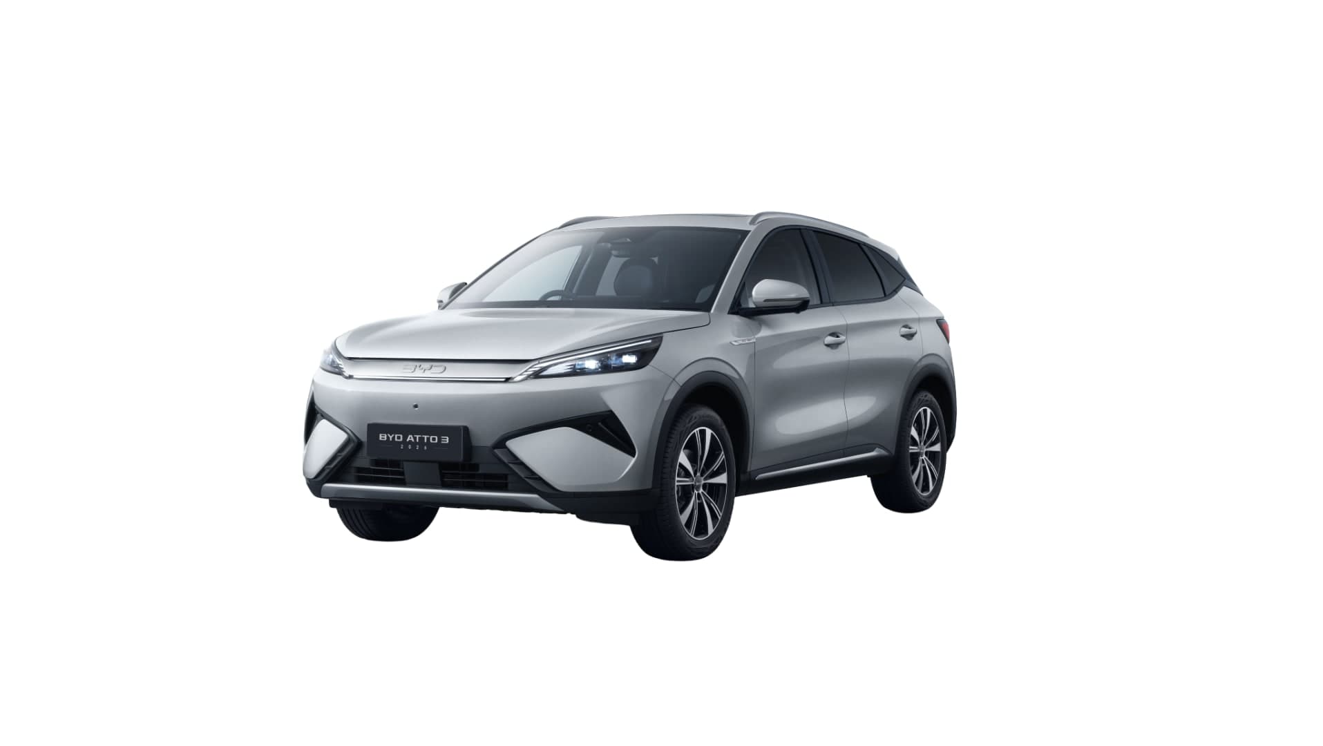 BYD Atto 3 warna Ski White, pandangan hadapan tiga suku