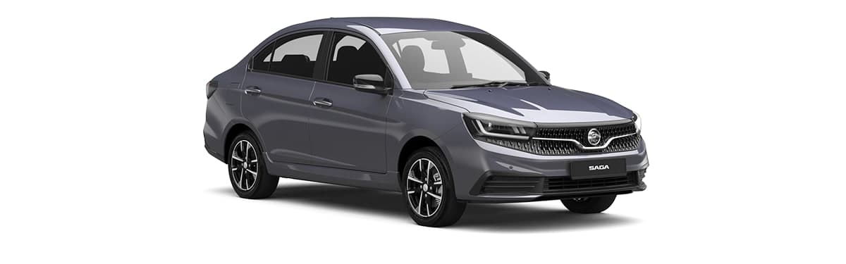 Proton Saga warna Space Grey, pandangan hadapan tiga suku