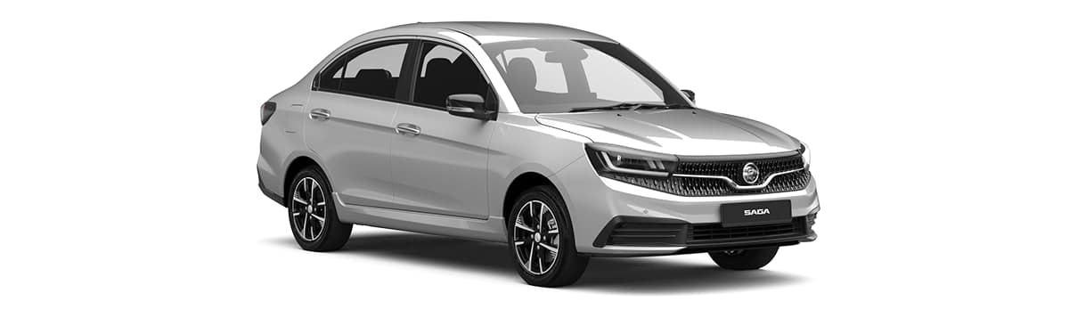 Proton Saga warna Armour Silver, pandangan hadapan tiga suku