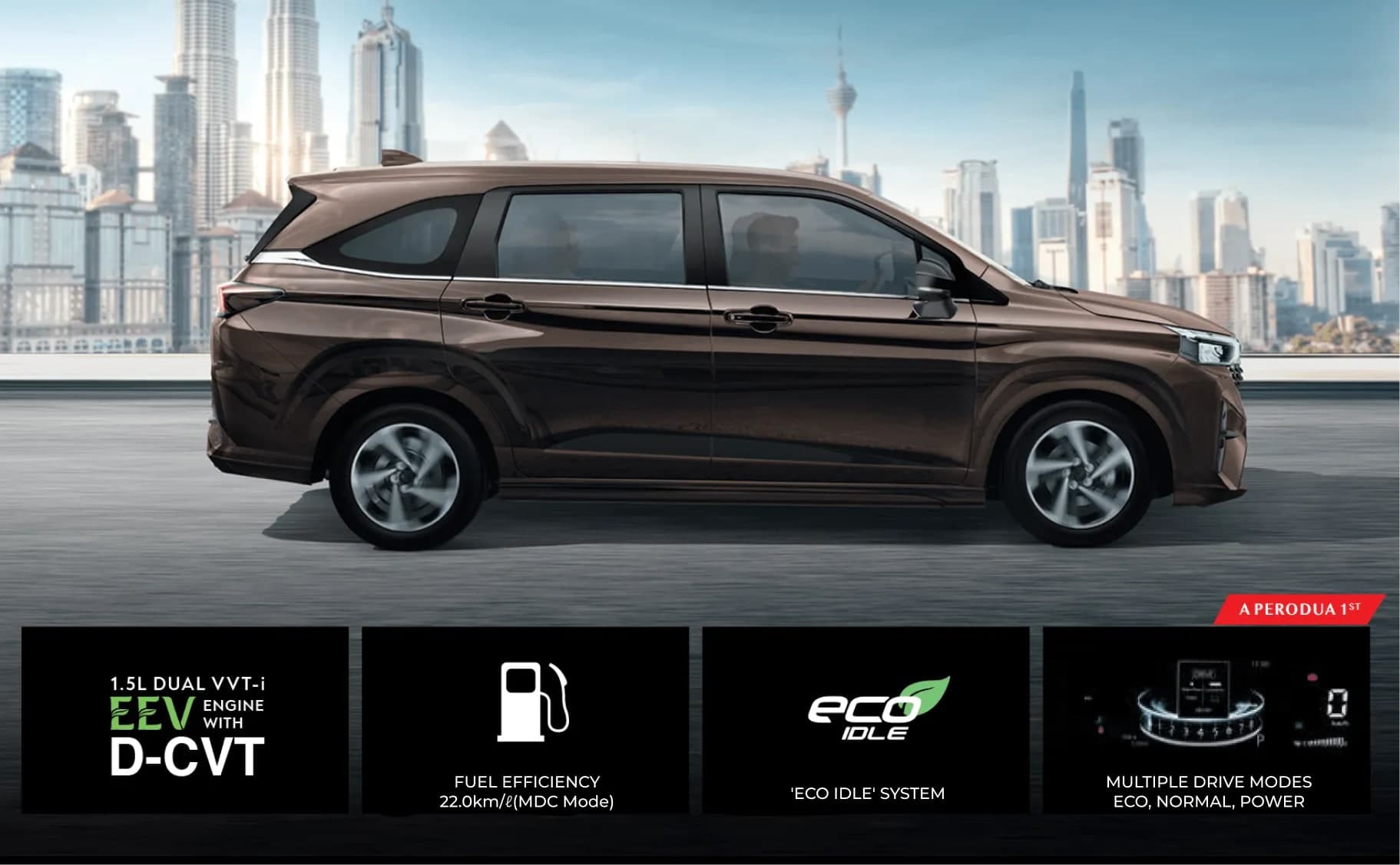 Perodua Alza warna Vintage Brown, pandangan sisi dengan latar bandar