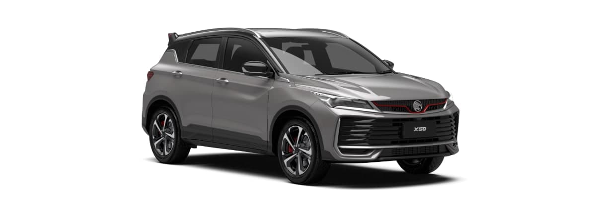 Proton X50 warna Jet Grey, pandangan hadapan tiga suku