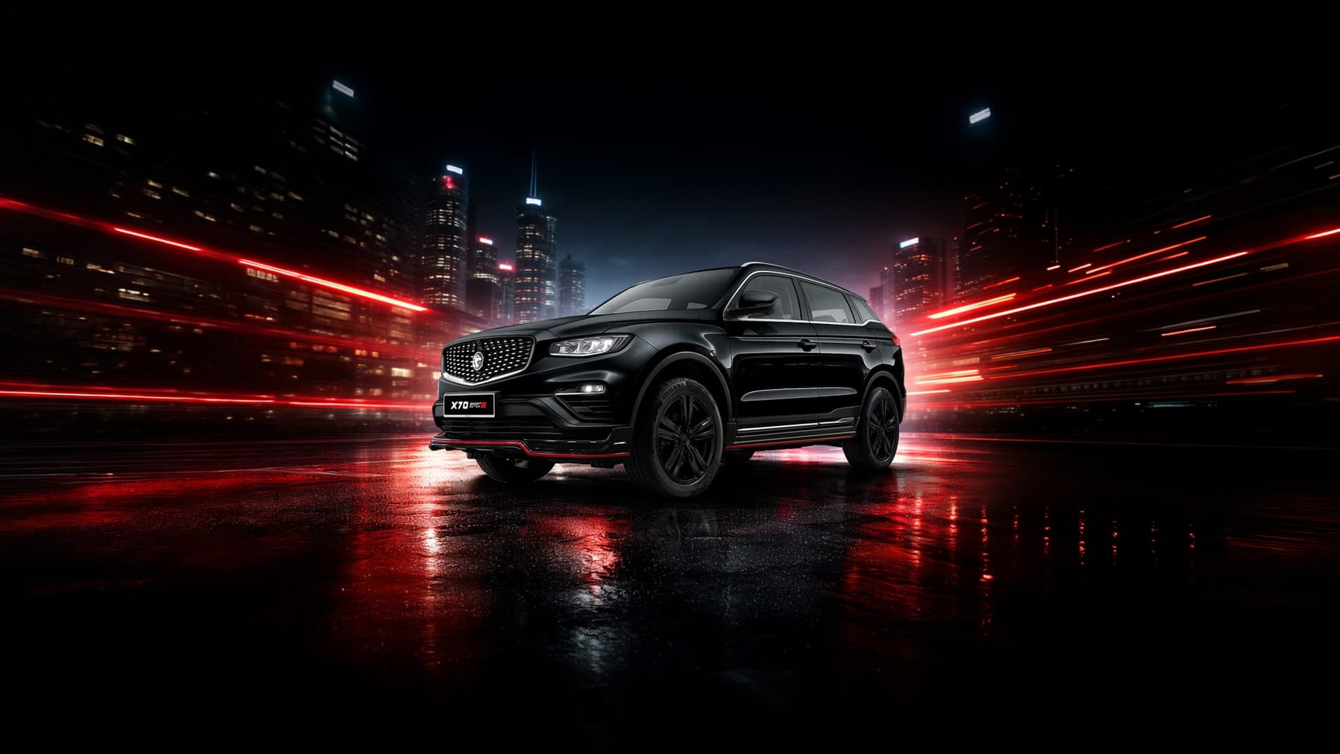 Proton X70 Sport Edition warna hitam, pandangan hadapan tiga suku waktu malam