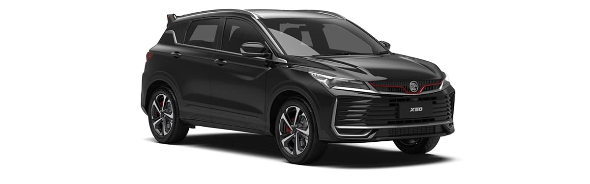 Proton X50 warna Quartz Black, pandangan hadapan tiga suku