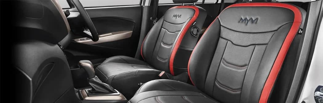 Ruang dalam Perodua Myvi, tempat duduk hadapan kulit hitam-merah