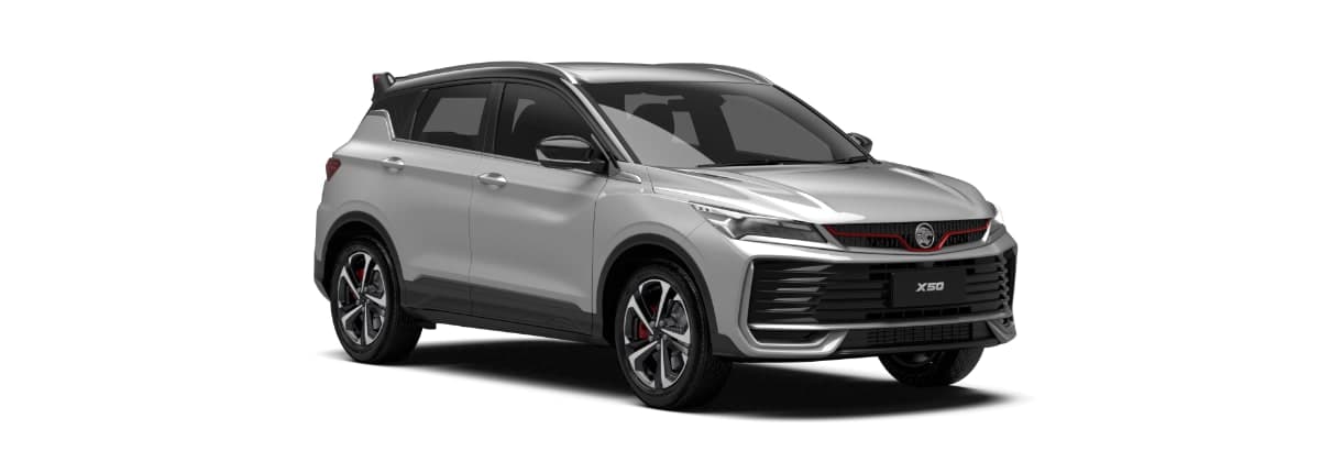 Proton X50 warna Armour Silver, pandangan hadapan tiga suku