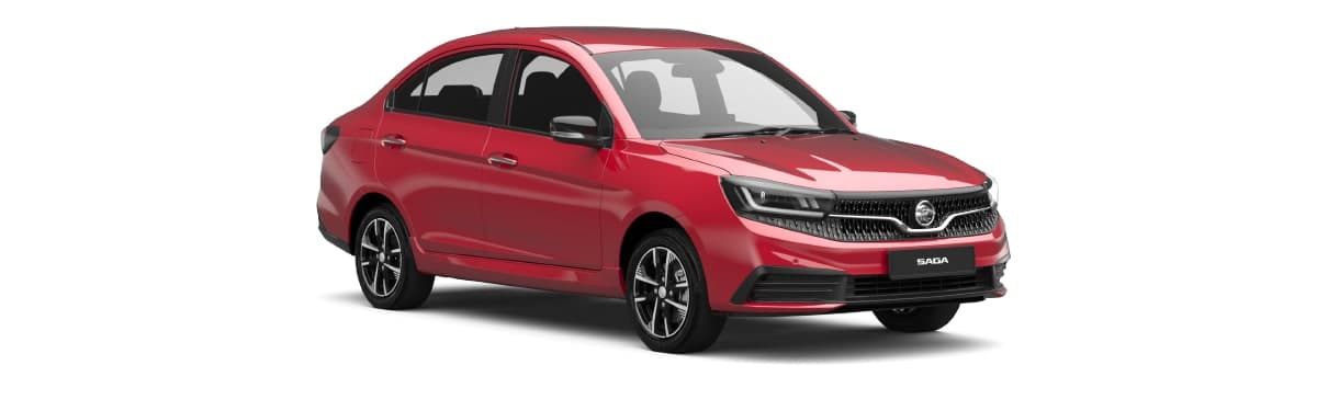 Proton Saga warna Ruby Red, pandangan hadapan tiga suku