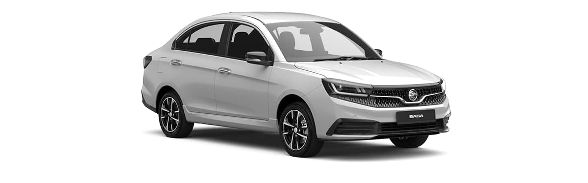 Proton Saga warna Snow White, pandangan hadapan tiga suku