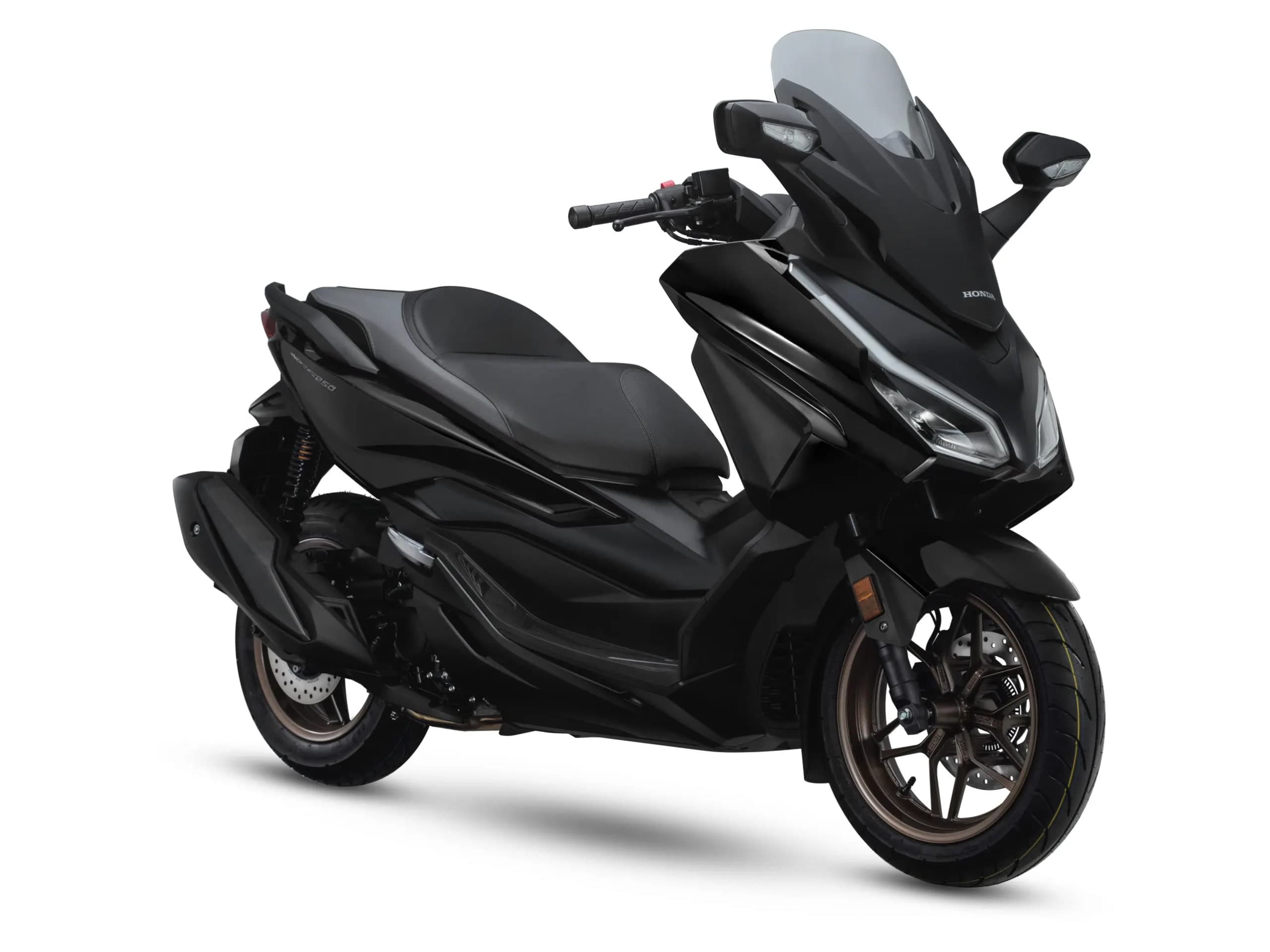 Honda NSS250 warna hitam matte, pandangan tiga suku hadapan dari kanan