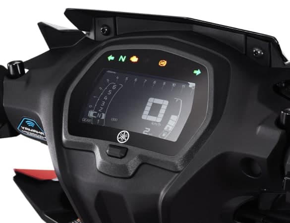 Panel meter digital penuh Yamaha Y16ZR menunjukkan penunjuk gear, kelajuan 0 km/j dan ikon amaran kaki penyangga