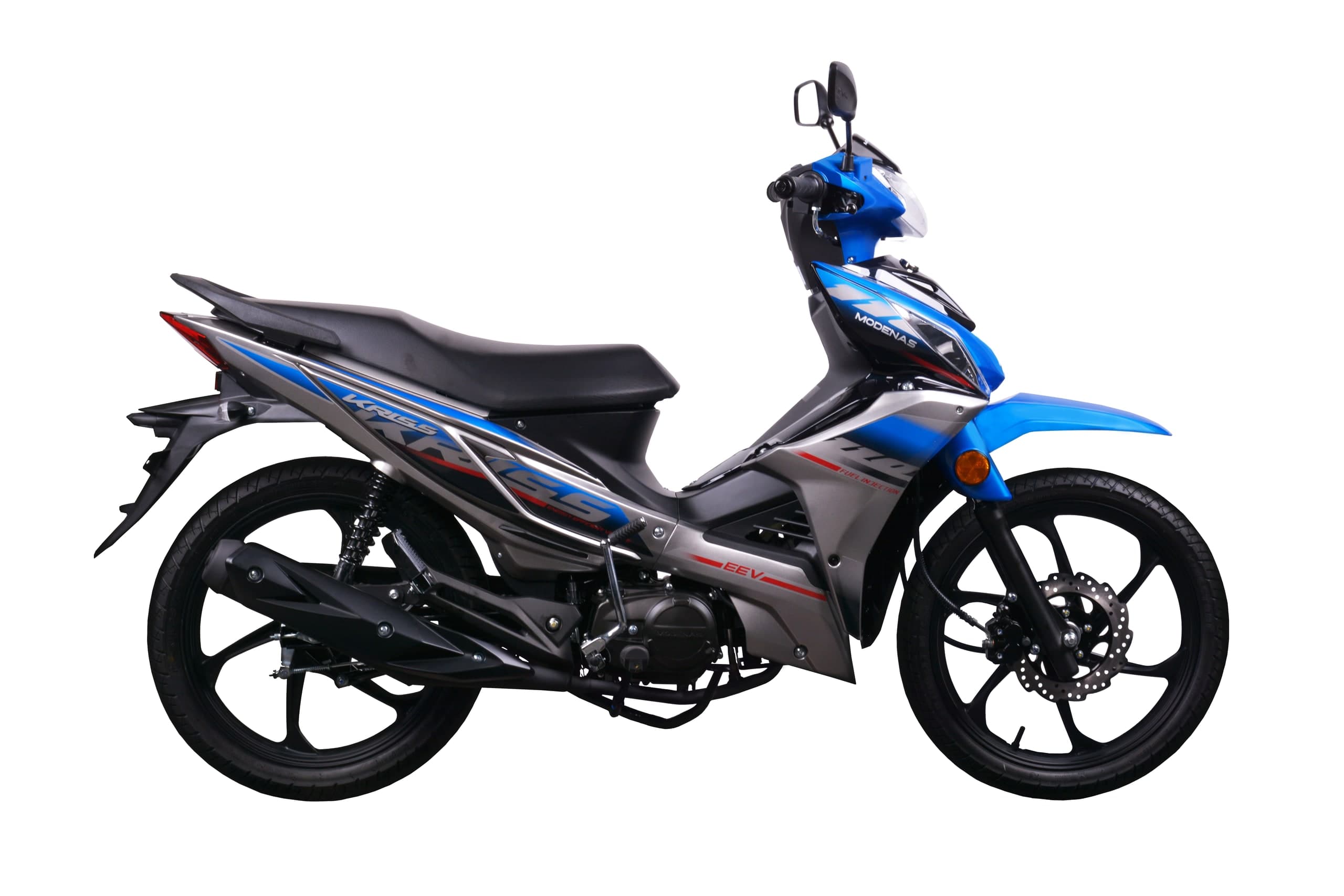 Modenas Kriss 110 Disc Brake warna biru perak dengan garis merah Fuel Injection, pandangan sisi kanan penuh