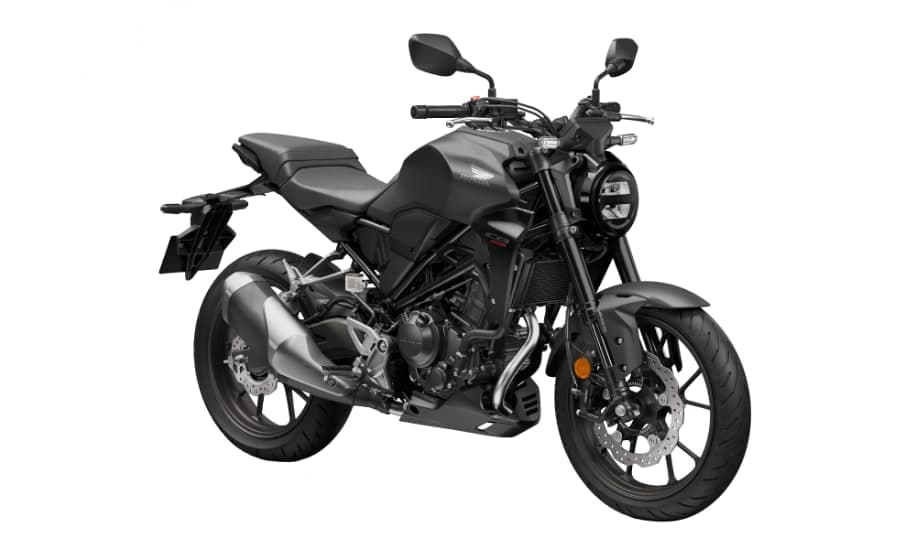 Honda CB250R warna kelabu gelap matte dengan rim emas, pandangan tiga suku hadapan dari kanan