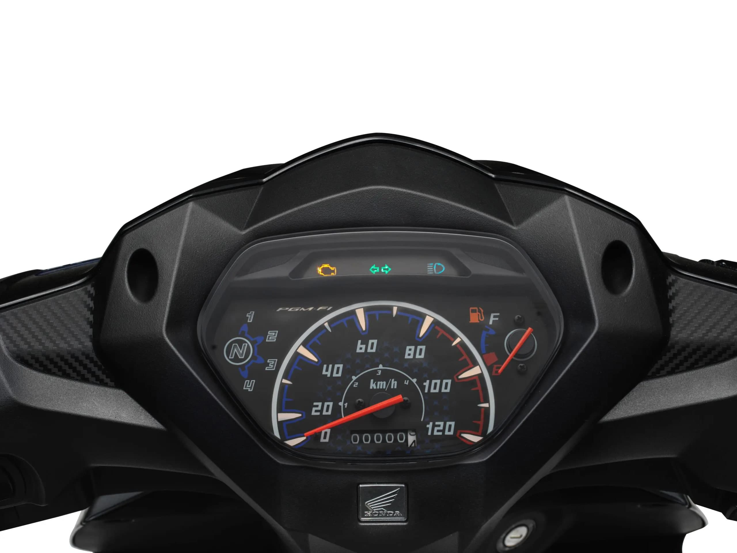 Panel meter analog Honda Wave Alpha, jarum penunjuk merah pada sifar, lencana PGM-FI dan tolok minyak kelihatan