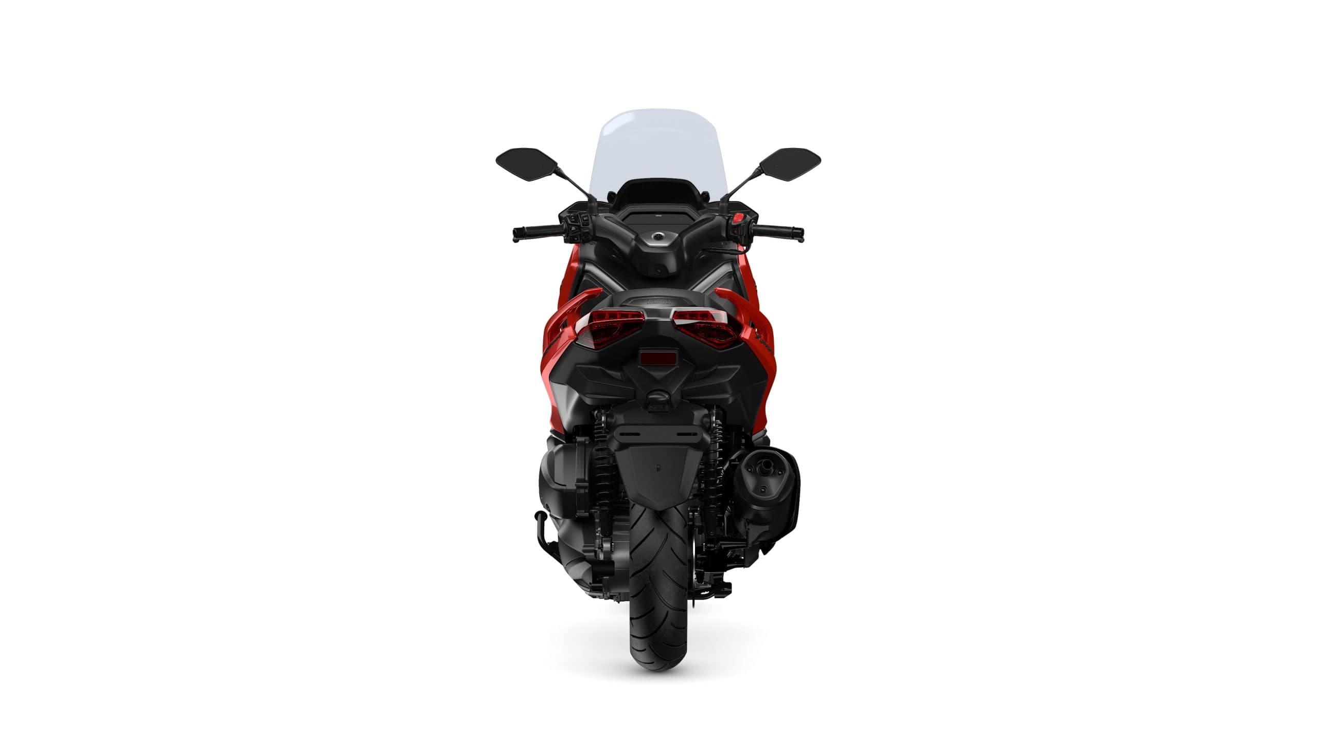 Yamaha XMAX 250 warna merah dan hitam, pandangan belakang penuh menunjukkan palang lampu belakang LED dan penyerap hentak belakang kembar