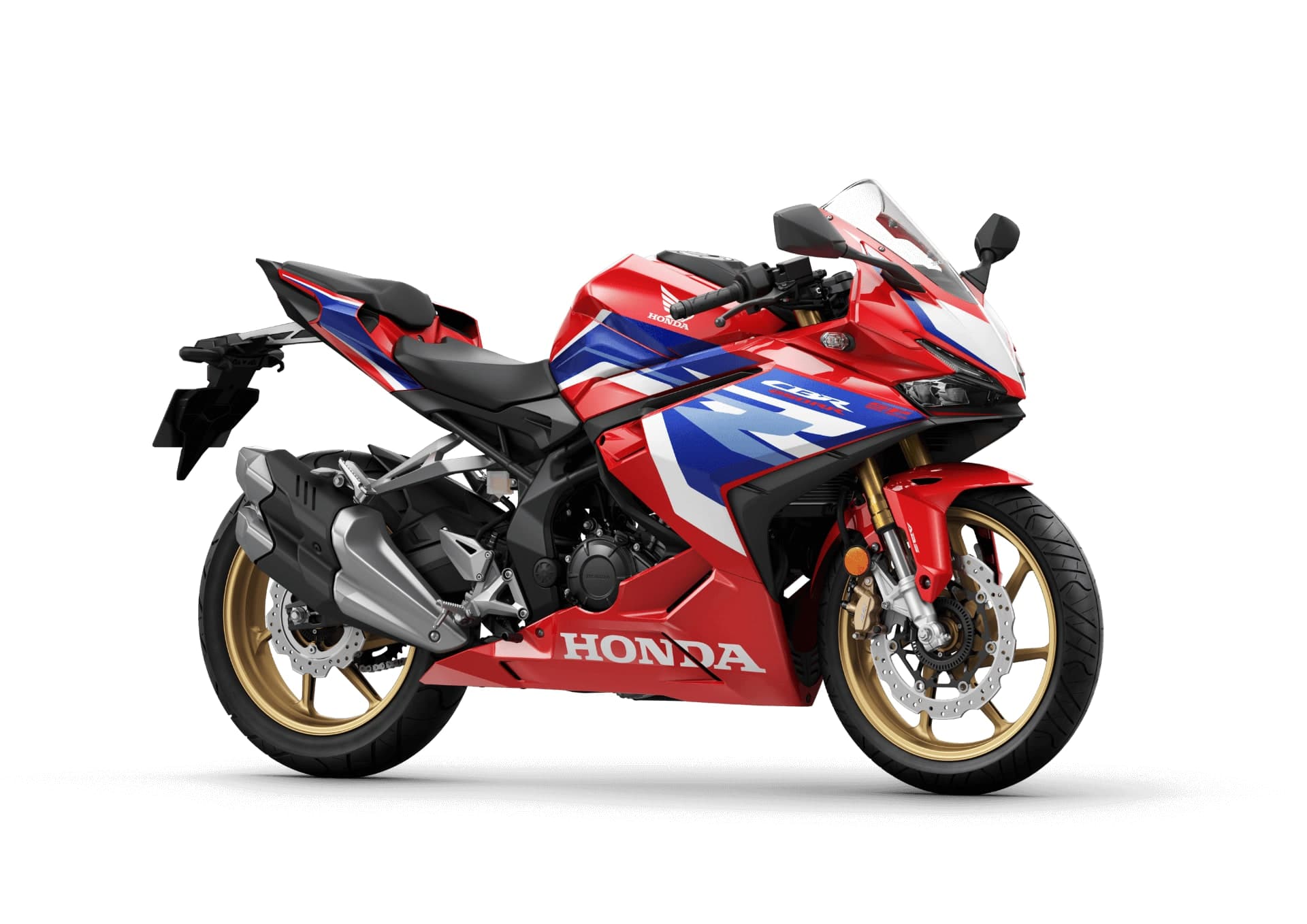 Honda CBR250RR warna tricolor merah putih biru dengan rim emas, pandangan tiga suku hadapan dari kiri