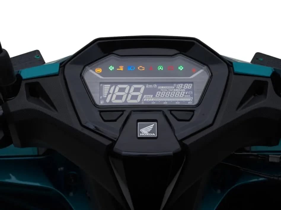 Speedometer digital penuh Honda Vario 160 menunjukkan bacaan ujian kilang, tolok minyak dan ikon amaran