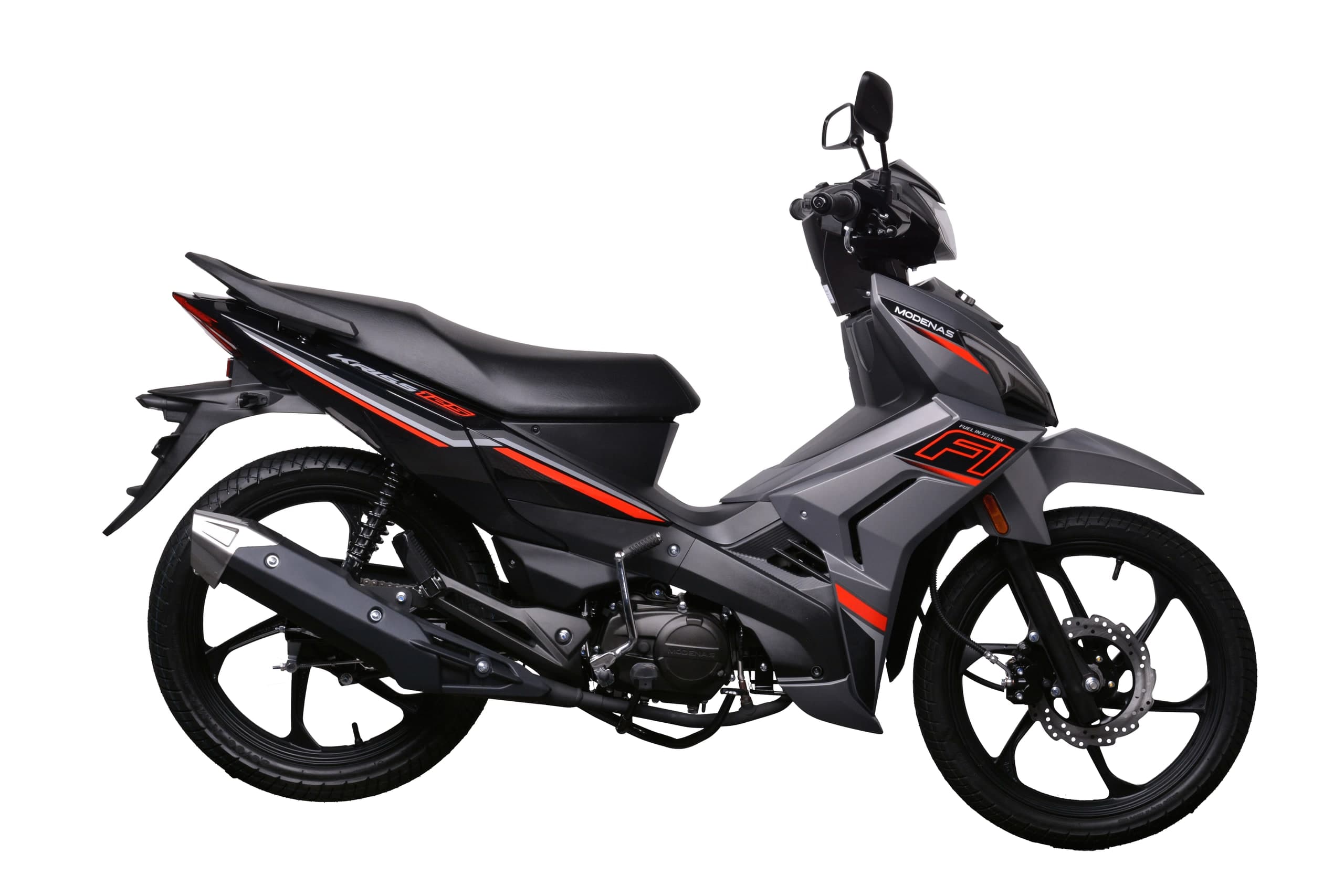 Modenas Kriss 125 Fi warna kelabu dan hitam dengan garis merah dan grafik FI pada panel sisi, pandangan sisi kanan penuh