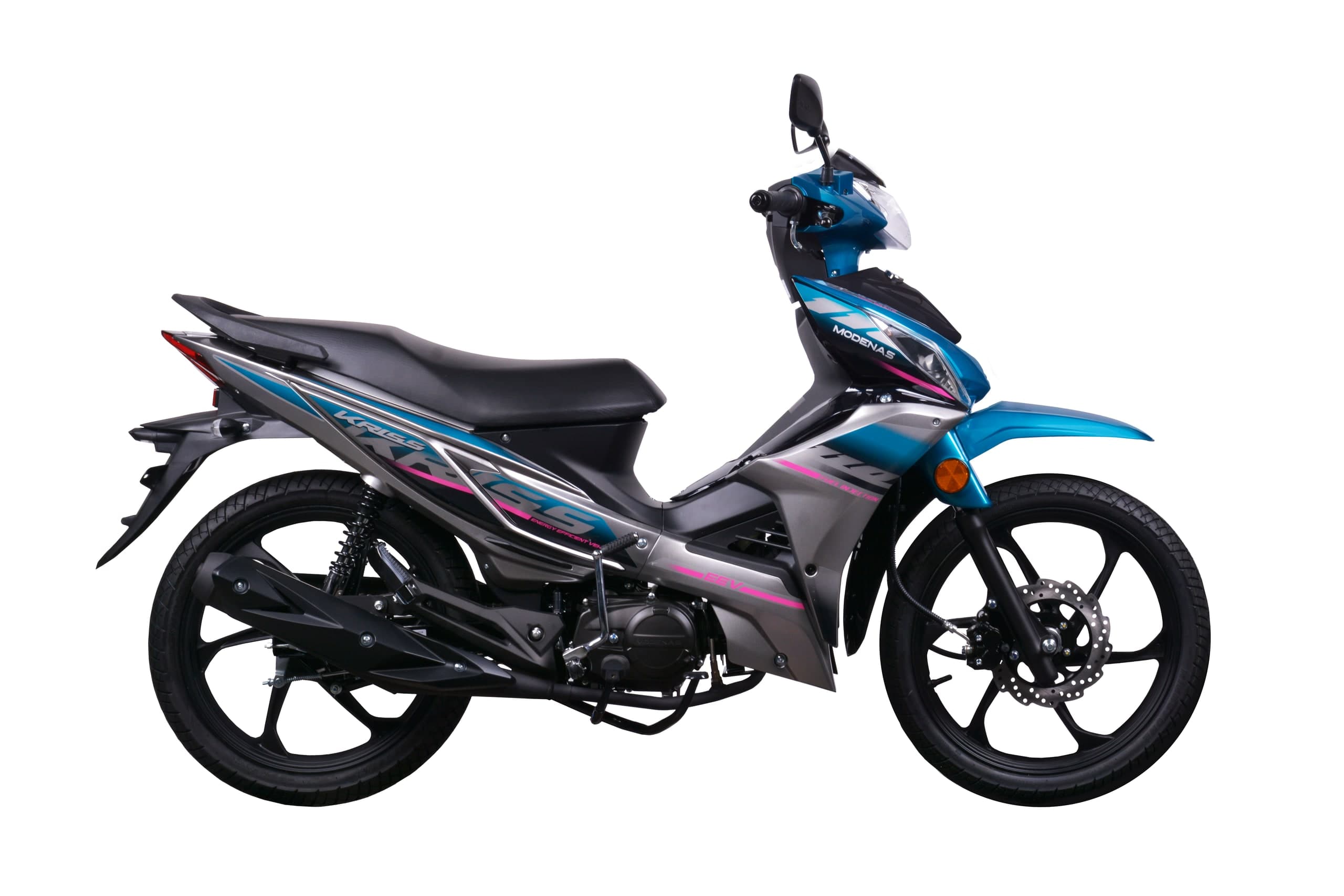 Modenas Kriss 110 Disc Brake warna biru dan hitam dengan garis merah jambu EEV, pandangan sisi kanan penuh