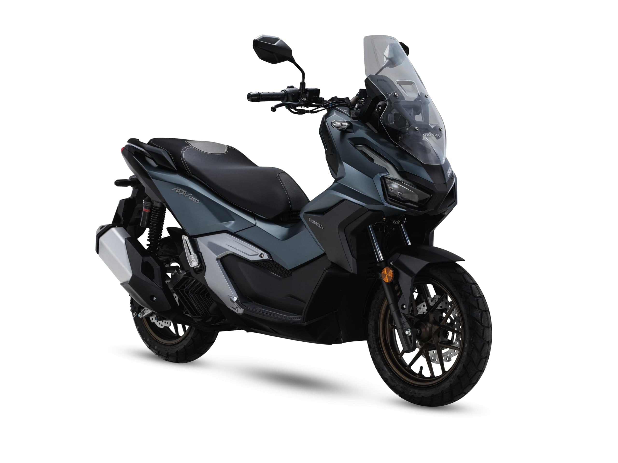 Honda ADV160 warna kelabu biru matte dengan rim emas, pandangan tiga suku hadapan dari kanan