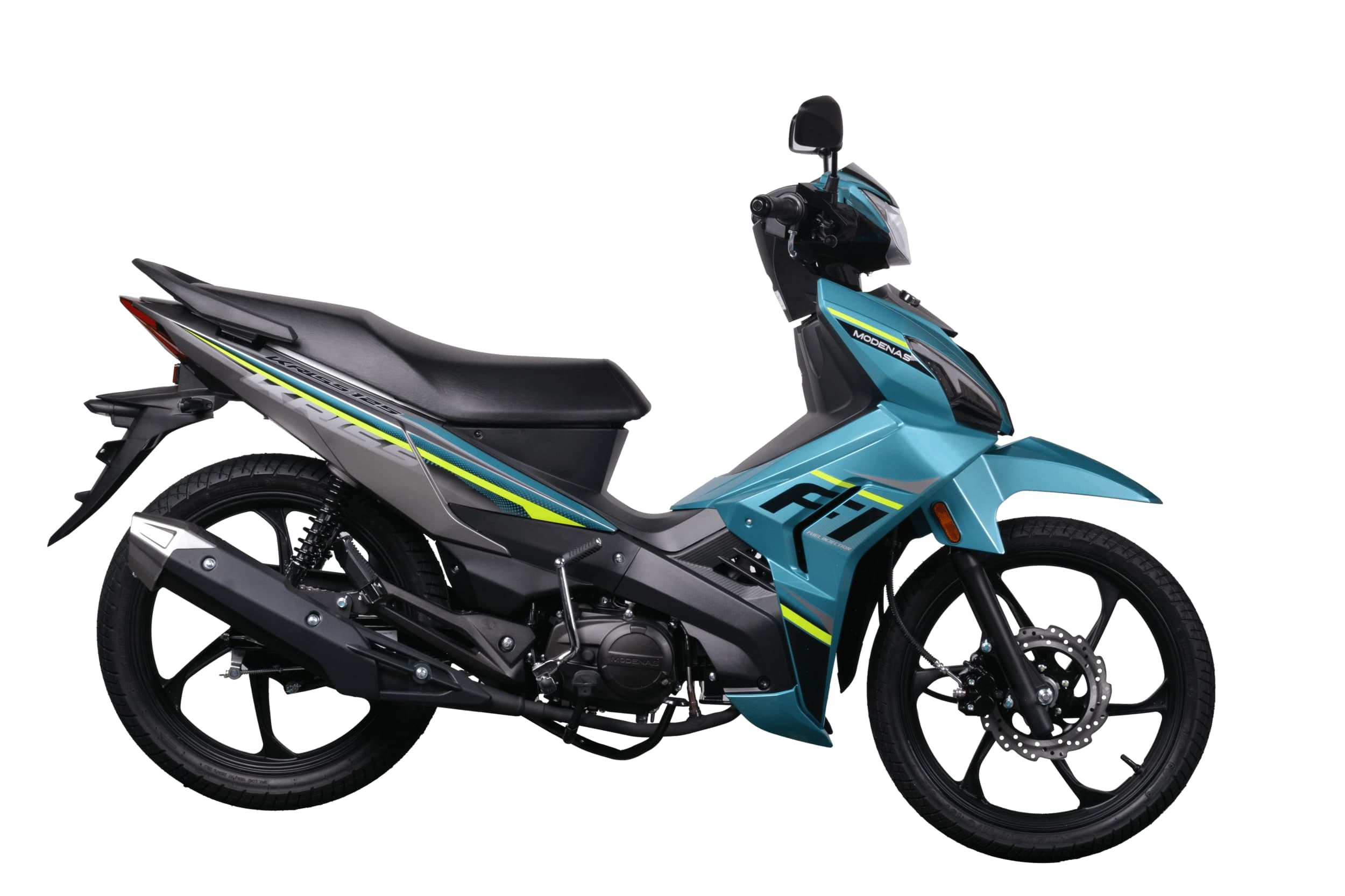 Modenas Kriss 125 Fi warna biru kehijauan dan hitam dengan garis hijau lime, pandangan sisi kanan penuh